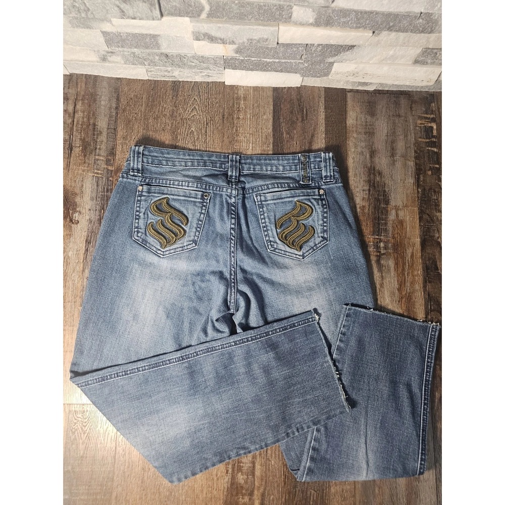 Rocawear Classic Ankle Fray Cropped Women 9 Blue Embroidered Y2K measures 32x26